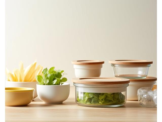 Assortment of sustainable kitchen storage solutions: beeswax wraps covering bowls, silicone reusable bags, glass food containers with bamboo lids stacked neatly, all on a simple wooden table.