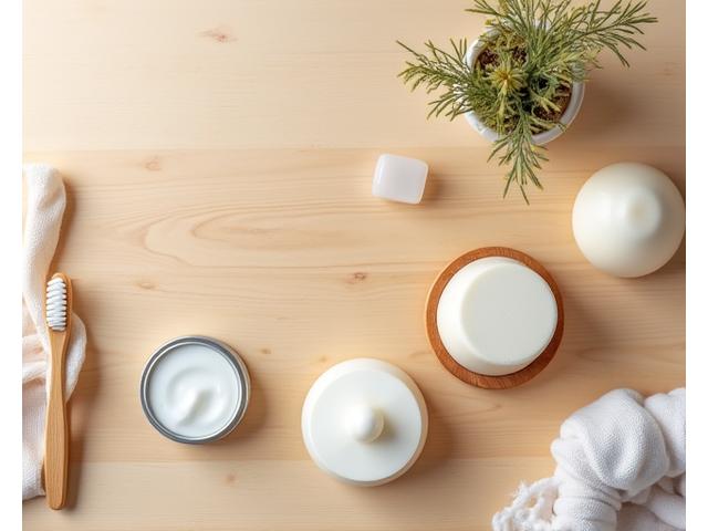 Zero-waste personal care products artfully arranged on a wooden vanity: solid shampoo and conditioner bars, a bamboo toothbrush, a reusable safety razor, and a small metal tin of lotion. Soft, even lighting highlights textures.