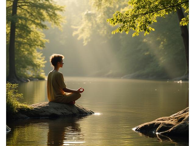 Someone in a peaceful, natural environment, perhaps by a tranquil lake or in a sun-dappled forest, engaging in a longer, contemplative meditation session, conveying deep rest.