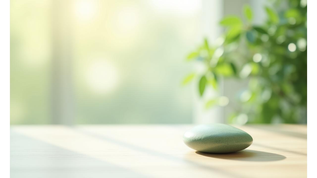 A serene, minimalist setting ideal for meditation, featuring soft, dappled light and natural elements like a single smooth stone or a delicate plant, conveying peace and focus.