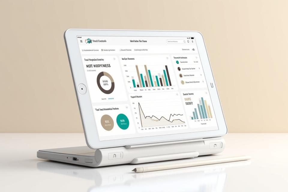 A clean, intuitive dashboard interface on a tablet or laptop screen displaying mindfulness progress metrics like daily streak, total meditation minutes, and mood trends, using Bloomwell Collective's brand colors for data visualization.