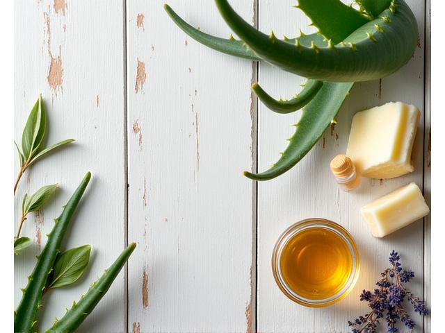 Various natural skincare ingredients laid out on a wooden table, including fresh aloe vera, small vials of essential oils, shea butter, and various botanical extracts, with an open scientific journal in the background, signifying research and purity.