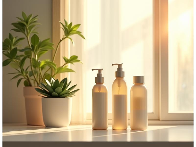 A serene, well-lit bathroom counter with a neatly arranged selection of natural skincare products including a cleanser, serum, and moisturizer, alongside a small plant, conveying a sense of order and self-care.
