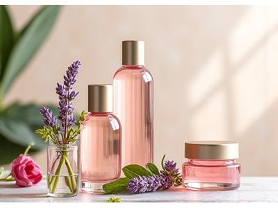 Glass bottles with natural skincare ingredients and botanicals, signifying natural beauty and self-care.