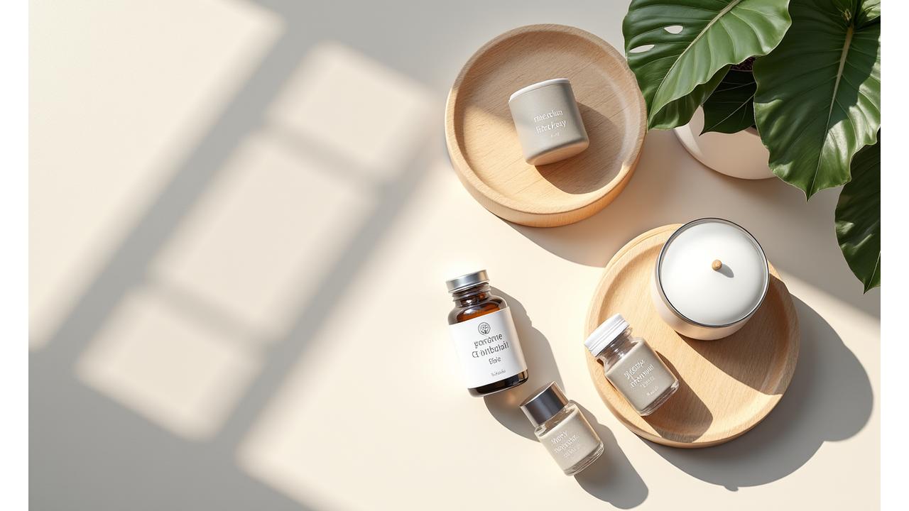 A collection of carefully arranged, high-quality wellness products on a natural wood surface, including supplements, a yoga mat, and essential oils, bathed in soft, natural light, conveying trust and quality.
