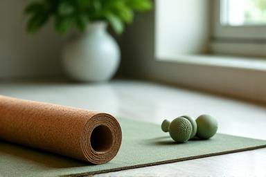 Eco-friendly yoga mat and resistance bands in a serene home workout space.