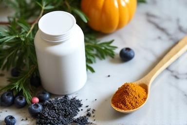 Organic supplements and superfoods neatly arranged, emphasizing natural ingredients and purity.