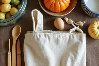 Zero-waste kitchen essentials like reusable bags, bamboo utensils, and glass containers on a rustic background.