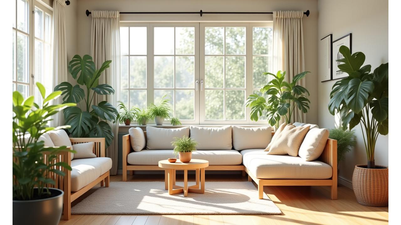A serene, sunlit living room with natural light, sustainable furniture made of reclaimed wood, thriving houseplants, and recyclable bins neatly tucked away, showcasing a harmonious and eco-conscious home environment.