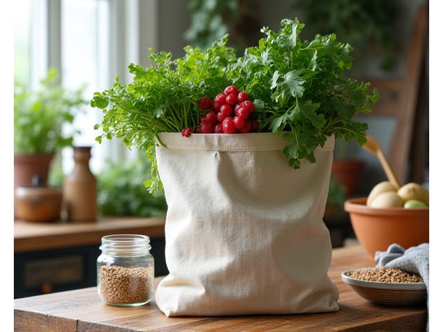Eco-friendly reusable bags and fresh produce on a kitchen counter.